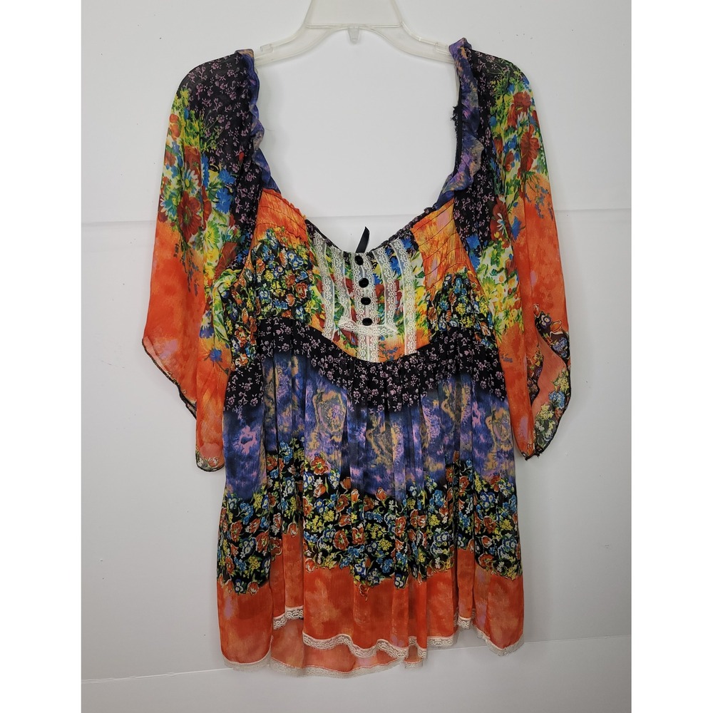 New Directions Blouse Womens XL Multicolor Boho Floral Lace Patchwork Top